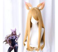 Parrucca Cosplay LOL K/DA Ahri per le donne Lungo rettilineo resistente al calore Gioco di capelli sintetici Parrucca da festa in costume di Halloween Parrucca e orecchio gialli