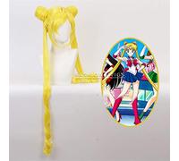 Parrucca Cosplay Sailor Moon Tsukino Usagi Doppia coda di cavallo Lunga bionda Limone Giallo Capelli sintetici per la festa in costume di Halloween