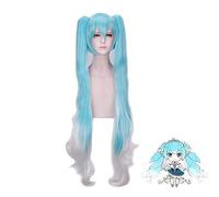 Parrucca Cosplay Vocaloid Hatsune Snow Miku Blu sfumato 120 cm Capelli sintetici ondulati lunghi con coda di cavallo con chip + cappuccio parrucca