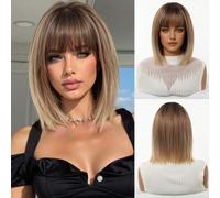 Parrucca da 12 pollici con sfumature di marrone, nero e oro, acconciatura corta e dritta a caschetto con frangia, in fibra sintetica resistente al calore, alla moda e versatile, adatta per donne e rag