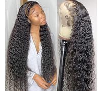 Parrucca da 71 cm, con pizzo frontale, capelli umani, 33 x 4 cm, parrucca riccia da donna, pre-pizzicata, con capelli naturali di bambino, densità 180, ondulata e vergine brasiliana, colore naturale