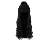 Parrucca da cappello Parrucca for cappello Parrucche ondulate lunghe sintetiche con berretto lavorato a maglia Parrucca for capelli autunno inverno nero alla moda Estensioni dei capelli Berretto per p
