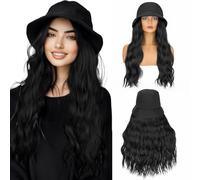 Parrucca da cappello S-noilite per donna, parrucca da cappello da pescatore con extension per capelli sintetici ricci lunghi 45 cm, parrucche pieghevoli,Nero naturale