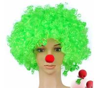 Parrucca da clown riccia e bouffant colorata, naso da clown, capelli da cosplay per compleanno, Natale, Capodanno, discoteca, feste per adulti, bambini, regalo, forniture-verde-1 pz-12 POLLICI