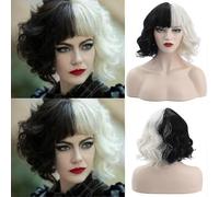 Parrucca da cosplay di Crudelia De Mon, capelli ricci, parrucca corta e ondulata, accessorio di scena