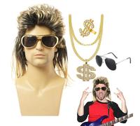 Parrucca da discoteca anni '70, set di 4 parrucche da uomo, stile retrò anni '70 e '80, con collana con occhiali da sole, anello con simbolo del dollaro, per Halloween e cosplay