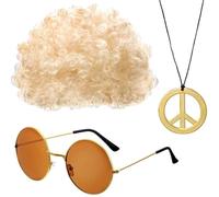 Parrucca da discoteca e occhiali da sole - Occhiali da sole parrucca hippie, collana da discoteca - Include parrucca afro, occhiali da sole, collana da discoteca, accessori per feste su, oro, Se