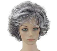 Parrucca da donna 2 toni grigio bianco ombre sintetico corto stratificato capelli ricci frangia gonfia fibra resistente al calore-A1-12 POLLICI