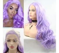 Parrucca da donna, 7,6 x 33 cm, ondulata lunga 61 cm, viola pastello, lilla, per feste, cosplay, viaggi, parrucca sintetica viola chiaro con pizzo frontale, per uso quotidiano, drag queen, parrucche
