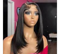 Parrucca da donna a caschetto con taglio a strati, capelli sintetici con pizzo frontale, capelli sintetici, per uso quotidiano, cosplay, nero, 40,6 cm, pizzo frontale