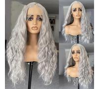 Parrucca da donna a onde profonde 13 x 4 capelli sintetici resistenti al calore attaccatura dei capelli naturale parrucche da indossare tutti i giorni grigio argento 9 61 cm davanti in pizzo