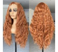 Parrucca da donna a onde profonde 13 x 4 cm, capelli sintetici resistenti al calore, attaccatura dei capelli naturale, parrucca da indossare tutti i giorni, arancione curcuma, 61 cm, pizzo frontale