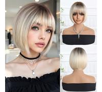 Parrucca da donna alla moda, corta e dritta, con frangia, lunghezza 10 pollici, con sfumatura bianco-oro, elegante e adatta per vacanze, viaggi, raduni familiari e uso quotidiano Fibra ad alta tempera