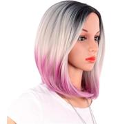 Parrucca da donna bionda da 14 pollici con mèches, riga centrale corta, attaccatura dei capelli in pizzo, sintetica resistente al calore for cosplay Soffice e Naturale(Purple)