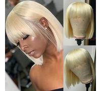 Parrucca Da Donna Capelli Corti Con Frangia Bobo Testa Capelli Corti Lisci Tecnologia Meccanismo Copricapo In Fibra Chimica Oro Chiaro