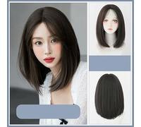 Parrucca Da Donna Con Capelli Corti E Lisci, A Forma Di T, Marrone Naturale, Intrecciata A Mano, Con Riga Centrale, Copertura Completa Della Testa, Capelli In Fibra Chimica Simulata Naturale