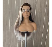 Parrucca da donna con capelli lunghi e lisci e setosi, castano sfumato con riflessi in platino, parrucca sintetica con attaccatura dei capelli naturale, colore marrone sfumato platino, 61 cm, pizzo