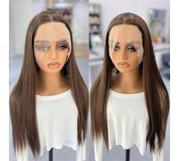 Parrucca da donna con pizzo frontale, capelli sintetici lunghi lisci e setosi, colore grigio argento, per uso quotidiano, cosplay, mix castano, 61 cm, pizzo frontale