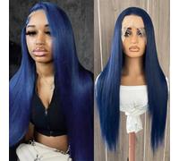 Parrucca da donna con pizzo frontale, parrucca sintetica lunga e liscia, attaccatura dei capelli naturale, per uso quotidiano, parrucca per cosplay, blu scuro, 61 cm, pizzo frontale