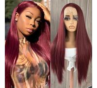 Parrucca da donna con pizzo frontale, parrucca sintetica lunga e liscia e setosa, attaccatura dei capelli naturale, da indossare tutti i giorni, parrucca per cosplay, bordeaux 61 cm, pizzo frontale
