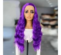 Parrucca da donna con pizzo frontale, parrucca sintetica lunga ondulata, attaccatura dei capelli naturale, per uso quotidiano, parrucche per cosplay, viola, 61 cm, pizzo frontale