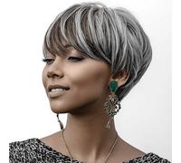 Parrucca da donna con taglio pixie, capelli corti a caschetto grigio grigio grigio argento, ondulata, con frangia dritta asimmetrica, per cosplay, feste (grigio, marrone, nero)
