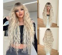 Parrucca da donna elegante da 36 pollici bionda ombré extra lunga con onde d'acqua ricci e frangia, in fibra sintetica intrecciata resistente al calore, perfetta per feste di famiglia, matrimoni, atto