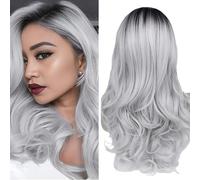 Parrucca da donna grigia lunga Wavy Curly Cosplay nero Ombre grigio parrucca da donna stile Lolita costume con gioielli gotici da donna e retina per capelli