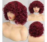 Parrucca Da Donna In Capelli Umani, Caschetto Corto, Riccio E Mosso, Bordeaux, Con Frangia, Realizzata A Macchina Con Capelli Remy Sciolti E Ricci Per Un Look Elegante Quotidiano