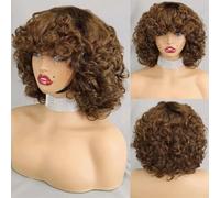 Parrucca Da Donna In Capelli Umani, Caschetto Corto, Riccio E Mosso, Bordeaux, Con Frangia, Realizzata A Macchina Con Capelli Remy Sciolti E Ricci Per Un Look Elegante Quotidiano