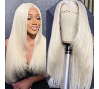 Parrucca da donna lunga e setosa, taglio a strati, con pizzo frontale, resistente al calore, capelli sintetici biondo platino, 61 cm, pizzo frontale