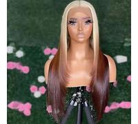 Parrucca da donna lunga e setosa, taglio a strati, con pizzo frontale, resistente al calore, capelli sintetici, castano biondo 61 cm, pizzo frontale