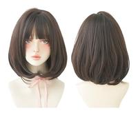 Parrucca da donna lunga fino alle spalle, capelli corti lisci con riflessi dorati neri con parrucca a strati con bottoni interni, parrucca marrone da 14 pollici, parrucca da donna for vestire i ruoli,