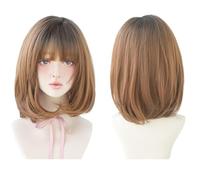 Parrucca da donna lunga fino alle spalle, capelli corti lisci con riflessi dorati neri con parrucca a strati con bottoni interni, parrucca marrone da 14 pollici, parrucca da donna for vestire i ruoli,