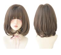 Parrucca da donna lunga fino alle spalle, capelli corti lisci con riflessi dorati neri con parrucca a strati con bottoni interni, parrucca marrone da 14 pollici, parrucca da donna for vestire i ruoli,
