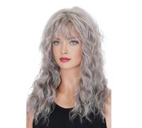 Parrucca da donna lunga riccia e ondulata con frangia, parrucche sintetiche for capelli da festa, grigia Soffice e Naturale