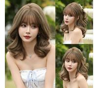 Parrucca da donna marrone per le donne, per feste quotidiane, parrucche corte e ondulate, parrucche sintetiche con frangia soffice, resistente al calore, Lolita Cosplay-D-143-1