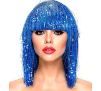 Parrucca da donna metallizzata Foxy Bob con frangia 70 anni '80 Disco Space-Girl tinsel Science Fiction Weltall Angel, colore: blu