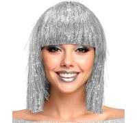 Parrucca da donna metallizzata Foxy Bob con frangia 70 anni '80 Disco Space-Girl tinsel Science Fiction Weltall Angel, colore: argento