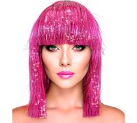 Parrucca da donna metallizzata Foxy Bob con frangia 70 anni '80 Disco Space-Girl tinsel Science Fiction Weltall Angel, colore: rosa