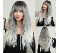 Parrucca da donna Parrucca alla moda Parrucca lunga ondulata grigio viola for le donne Parrucche ondulate con tintura in testa for feste quotidiane Parrucca(Off-White)