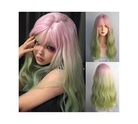 Parrucca da donna Parrucca sintetica lunga ondulata rosa sfumata verde con riga centrale, parrucca da cosplay for donna Parrucche umane