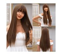 Parrucca da donna Parrucche sintetiche lunghe castano freddo con frangia Parrucca di capelli finti lisci caffè chiaro naturale for cosplay quotidiana Fibra resistente al calore