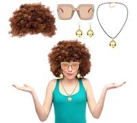 Parrucca da donna per adulti, anni '80 anni '90, costume da carnevale, set da 4 pezzi, con orecchini, collana e occhiali (oro)