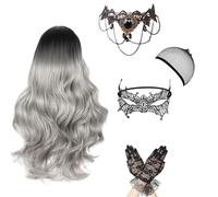 Parrucca da Donna per Halloween, Ombre Grigio Lunga Ondulata Ricciac, Parrucca Strega, Collana Gotica, Maschera Pizzo Guanti Pizzo, Ottima per Halloween, Carnevale, Martedì Grasso, Festa a Tema