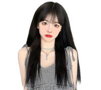 Parrucca da donna sintetica resistente al calore con capelli lisci da 26 pollici, con frangia, for ragazze, for tutti i giorni o costumi, cosplay Soffice e Naturale(Black)