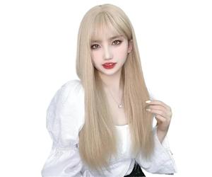 Parrucca da donna sintetica resistente al calore con capelli lisci da 26 pollici, con frangia, for ragazze, for tutti i giorni o costumi, cosplay Soffice e Naturale(Creamy white)