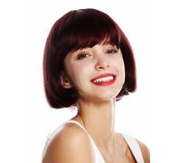 Parrucca da Donna Veri Corto Bob Liscio Frangia Bordeaux Rosso Marrone-Rosso