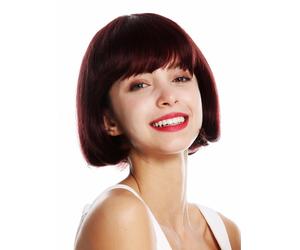 Parrucca da Donna Veri Corto Bob Liscio Frangia Bordeaux Rosso Marrone-Rosso