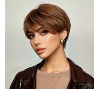 Parrucca da elfo corta dritta a strati di 12,7 cm, colore marrone naturale con frangia, per donne, densità del 180%, senza colla e senza merletto anteriore, con cuffia in rete di rose realizzata a mac